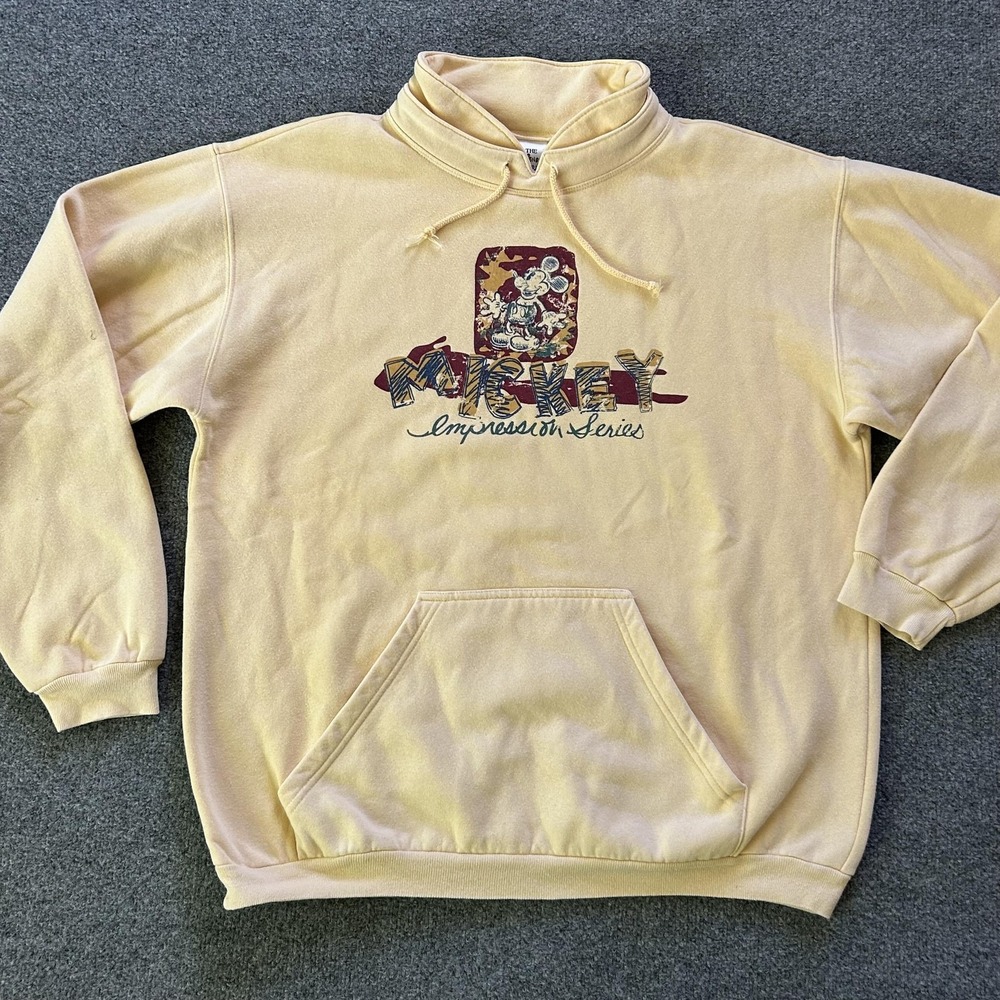 Disney Mickey Sweatshirt Mens Large Yellow Mock Neck Made in USA 90s Vintage
